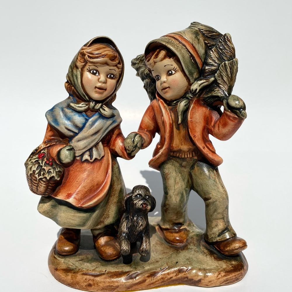 Vintage 1986 Ceramic Girl and Boy with Christmas Tree Figurine